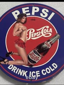 Vintage Pepsi Cola Drink Pinup Girl Porcelain Gas Oil Soda Beverage Station Sign