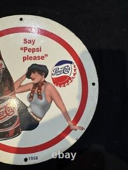Vintage Pepsi Cola Drink Pinup Girl Porcelain Gas Oil Soda Beverage Station Sign
