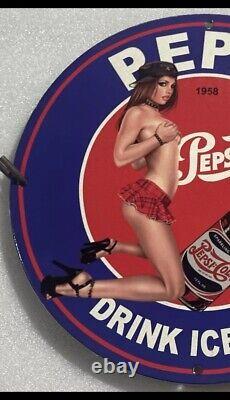 Vintage Pepsi Cola Drink Pinup Girl Porcelain Gas Oil Soda Beverage Station Sign
