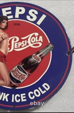 Vintage Pepsi Cola Drink Pinup Girl Porcelain Gas Oil Soda Beverage Station Sign