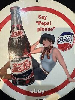 Vintage Pepsi Cola Drink Pinup Girl Porcelain Gas Oil Soda Beverage Station Sign