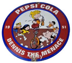 Vintage Pepsi Cola Sign Beverage Dennis the Menace Porcelain Gas Pump Sign