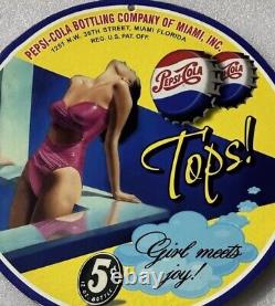 Vintage Pepsi Cola Tops Pinup Girl Porcelain Gas Oil Drink Soda Station Ad Sign