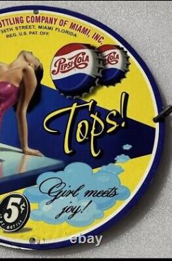 Vintage Pepsi Cola Tops Pinup Girl Porcelain Gas Oil Drink Soda Station Ad Sign
