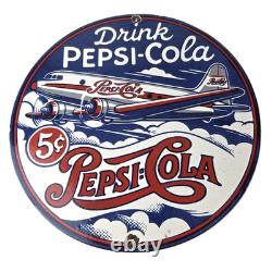Vintage Pepsi Porcelain Sign 5 Cent Airplane Ad Drink Soda Cola Sign