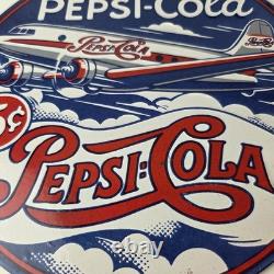 Vintage Pepsi Porcelain Sign 5 Cent Airplane Ad Drink Soda Cola Sign