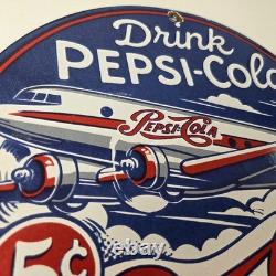 Vintage Pepsi Porcelain Sign 5 Cent Airplane Ad Drink Soda Cola Sign