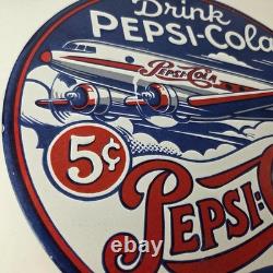 Vintage Pepsi Porcelain Sign 5 Cent Airplane Ad Drink Soda Cola Sign