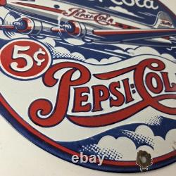 Vintage Pepsi Porcelain Sign 5 Cent Airplane Ad Drink Soda Cola Sign