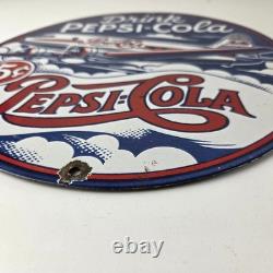 Vintage Pepsi Porcelain Sign 5 Cent Airplane Ad Drink Soda Cola Sign