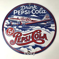 Vintage Pepsi Porcelain Sign 5 Cent Airplane Ad Drink Soda Cola Sign