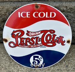 Vintage Pepsi-cola Porcelain Ice Cold Soda Bottles General Store Gas Sign