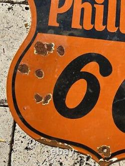 Vintage Phillips 66 Porcelain Sign Orange Shield Oil Gas Service Rest Stop Lube