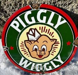 Vintage Piggly Wiggly Sign Grocery Store Gas Advertisin Porcelain Service Sign