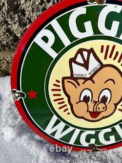 Vintage Piggly Wiggly Sign Grocery Store Gas Advertisin Porcelain Service Sign