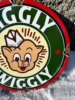 Vintage Piggly Wiggly Sign Grocery Store Gas Advertisin Porcelain Service Sign