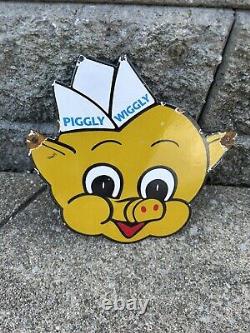 Vintage Piggly Wiggly Sign Grocery Store Gas Pump Porcelain Service Sign