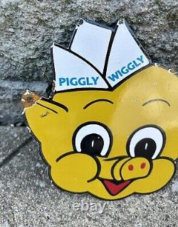 Vintage Piggly Wiggly Sign Grocery Store Gas Pump Porcelain Service Sign