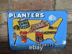 Vintage Planters Peanuts Snack Porcelain Advertising Heavy Metal Sign 12 X 8