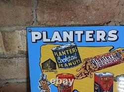 Vintage Planters Peanuts Snack Porcelain Advertising Heavy Metal Sign 12 X 8