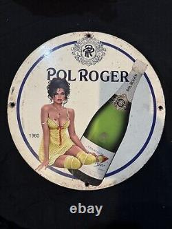 Vintage Pol Roger Champagne Pinup Girl Porcelain Gas Oil Brewery Drink Sale Sign
