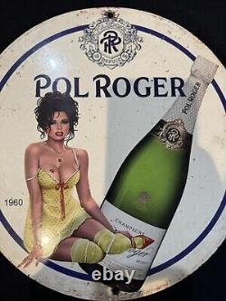 Vintage Pol Roger Champagne Pinup Girl Porcelain Gas Oil Brewery Drink Sale Sign
