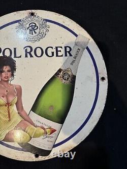 Vintage Pol Roger Champagne Pinup Girl Porcelain Gas Oil Brewery Drink Sale Sign