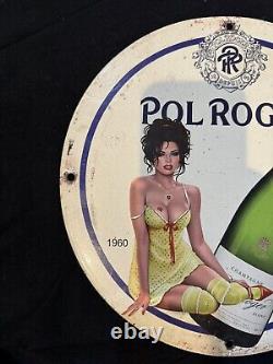 Vintage Pol Roger Champagne Pinup Girl Porcelain Gas Oil Brewery Drink Sale Sign