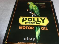 Vintage Polly Premium Gasoline Parrot 12.5 Porcelain Metal Wilshire Ca Oil Sign