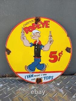 Vintage Popeye Soda Porcelain Sign Cartoon Sailor Man Cola Oil Gas Station Drink