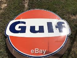 Vintage Porcelain 18' GULF Pole Sign Two Single Sided Signs 1965