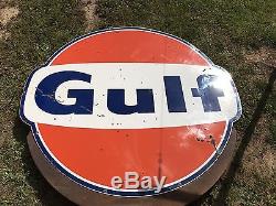 Vintage Porcelain 18' GULF Pole Sign Two Single Sided Signs 1965