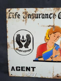 Vintage Porcelain Enamel Sign Life Insurance Co Of India Mother And Child 1950