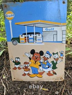 Vintage Porcelain Gulf Gas Mickey & Donald Duck Disney Sign