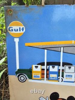 Vintage Porcelain Gulf Gas Mickey & Donald Duck Disney Sign