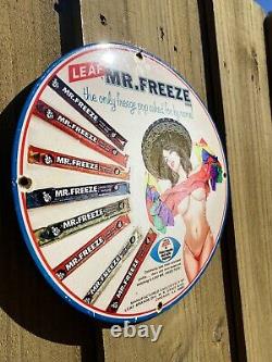 Vintage Porcelain Sign Mr Freeze Pop Oil Old Gas Station Treat Woman Garage 12