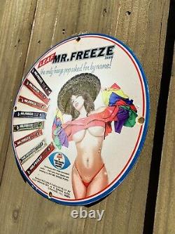 Vintage Porcelain Sign Mr Freeze Pop Oil Old Gas Station Treat Woman Garage 12