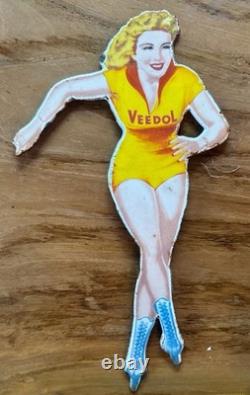 Vintage Porcelain VEEDOL LADY Cut-Out Sign 6 X 11