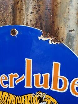 Vintage Power Lube Porcelain Sign 1949 Powerline Tiger Gas Oil Claifornia Lube