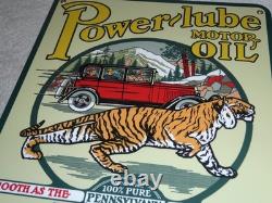 Vintage Power-lube Motor Oil Tiger 12 Porcelain Metal Gasoline Sign Powerine Co