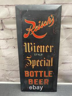 Vintage Pre-prohibition Reisch's Wiener Bottle Beer Tin Over Cardboard Sign, IL