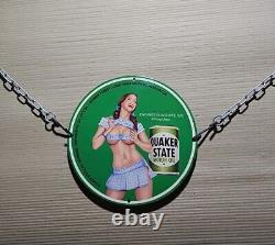 Vintage Quaker State Motor Oil Pinup Girl Porcelain Gas Oil Garage Lube Ad Sign