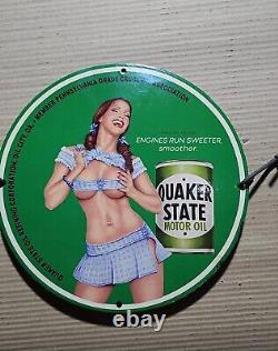 Vintage Quaker State Motor Oil Pinup Girl Porcelain Gas Oil Garage Lube Ad Sign