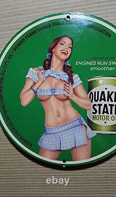 Vintage Quaker State Motor Oil Pinup Girl Porcelain Gas Oil Garage Lube Ad Sign