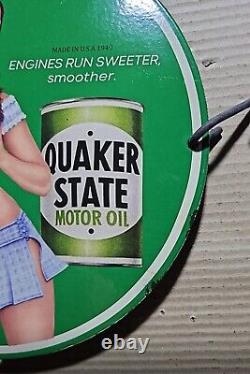 Vintage Quaker State Motor Oil Pinup Girl Porcelain Gas Oil Garage Lube Ad Sign