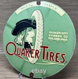 Vintage Quaker Tires Porcelain Sign Gasoline Service Station Pump Plate