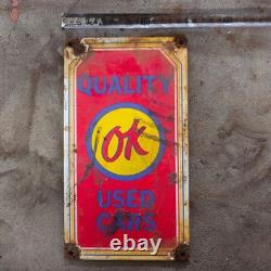 Vintage Quality Ok Used Cars Old Us Gasoline Oil Gas Pump Enamel Porcelain Sign