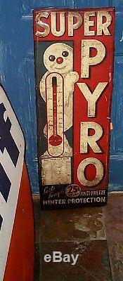Vintage RARE Pyro Antifreeze Sign With Snowman Graphic Gas Gasoline Oil 39x13 WOW