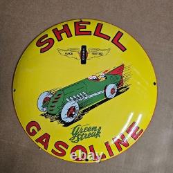 Vintage Race Tested Shell Yel Old Us Gasoline Oil Gas Pump Enamel Porcelain Sign