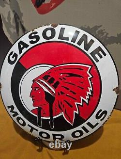 Vintage Rare 11 3/4 in RED INDIAN GAS & OILS SIGN HEAVY DIE CUT METAL PORCELAIN